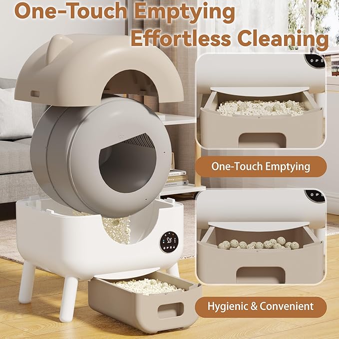 Self Cleaning Automatic Cat Litter Box with APP Control – Large Capacity Design for Multiple Cats, Includes Litter Mat & 2 Rolls Trash Bags, Odor-Free & Safety Sensors, Removable Washable Liner,Brown