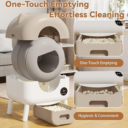 Self Cleaning Automatic Cat Litter Box with APP Control – Large Capacity Design for Multiple Cats, Includes Litter Mat & 2 Rolls Trash Bags, Odor-Free & Safety Sensors, Removable Washable Liner,Brown