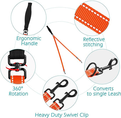 PetBonus Two Point Control Dog Leash, Works with No Pull Harnesses, No Tangle Training Leashes, Soft Padded and Reflective Walking Lead, Converts to Single Lead for Medium Large Dogs (Orange)
