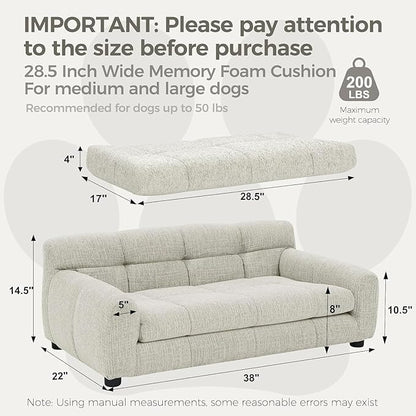 Dog Couch Bed with Backrest and Armrest, Durable Pet Sofa with Upholstered Foam Cushion, Elevated Dog Couch Bed with Legs for Medium Dogs, Dark Beige