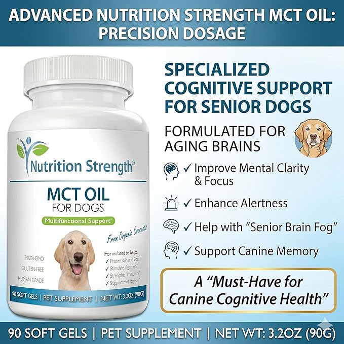 MCT Oil for Dogs from Organic Coconuts - Support Cognitive Function & Energy - Pure C8 & C10 Medium Chain Triglycerides - Boost Immunity & Senior Dog Brain Support, 90 Soft Gels