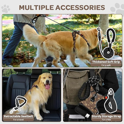 FURRYFECTION Plaid Dog Harness for Medium Dogs, Reflective No Pull Adjustable Pet Vest with Front Clip, Leash, Easy Control Handle and Seat Belt, Dark Brown, M