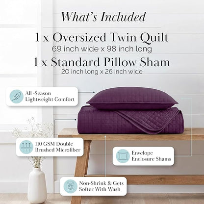 Southshore Fine Living, Inc. Twin XL Comforter Quilt Set, Dorm Bedding Essentials, Stain Resistant, Machine Washable Purple Bed Spread, Twin XL Quilt Bedspread Set with Matching Pillow Sham, Purple