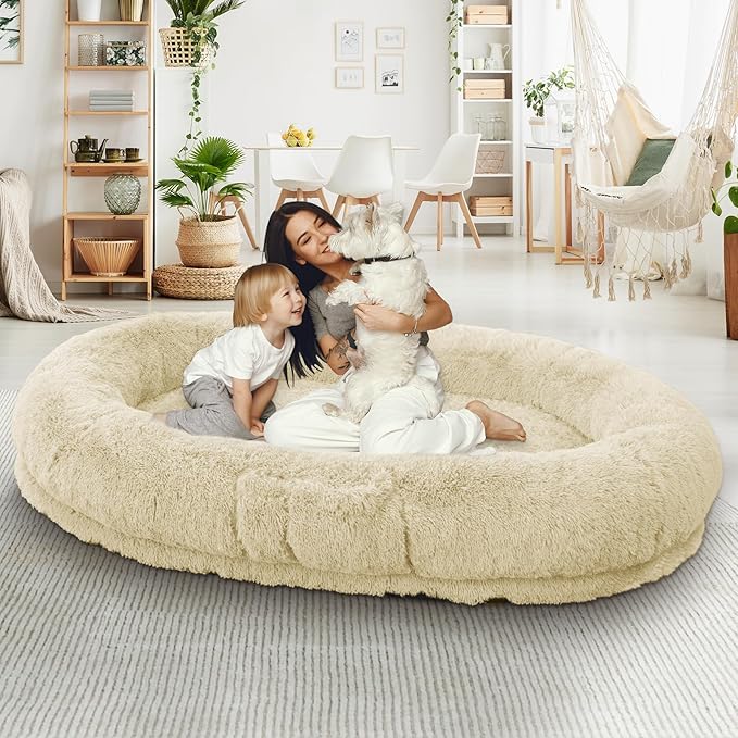 Human Dog Bed, 71''x45''x12'' Size Fits People and Pet 10 CM Thick Memory Foam Washable Adult Large Bed Giant Oversize Foldable Dog Bed with Plump Pillow, Blanket, Strap - Beige