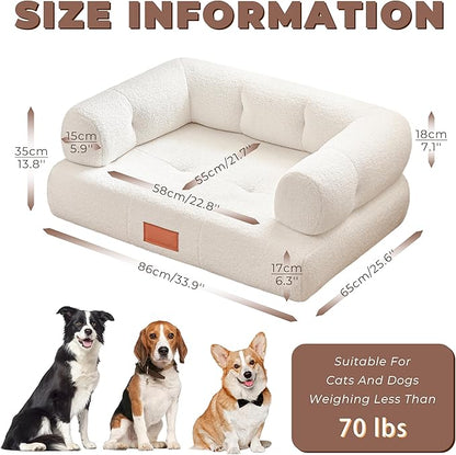 White Faux Shearling Dog Couch Bed for Large Dogs Under 70 lbs, 33.9 Inch Modern Tufted Elevated Dog Sofa with Leather Nameplate, Indoor Furniture Style Cute Raised Pet Sofa Bed (Large)