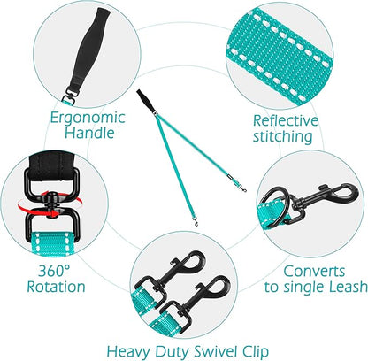 PetBonus Two Point Control Dog Leash, Works with No Pull Harnesses, No Tangle Training Leashes, Soft Padded and Reflective Walking Lead, Converts to Single Lead for Medium Large Dogs (Turquoise)