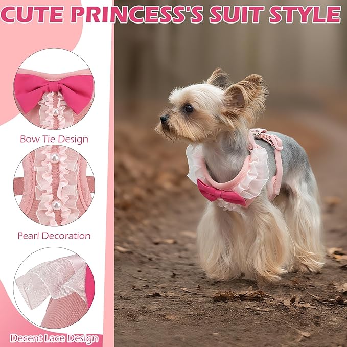 EXPAWLORER Cute Dog Harness, Pink Girl Adjustable No Pull Vest Harness and Leash Set, Soft Padded Step in Wedding Attire Suit Dress Costume with Bow Tie for Puppy Small Medium Female Dogs, Medium