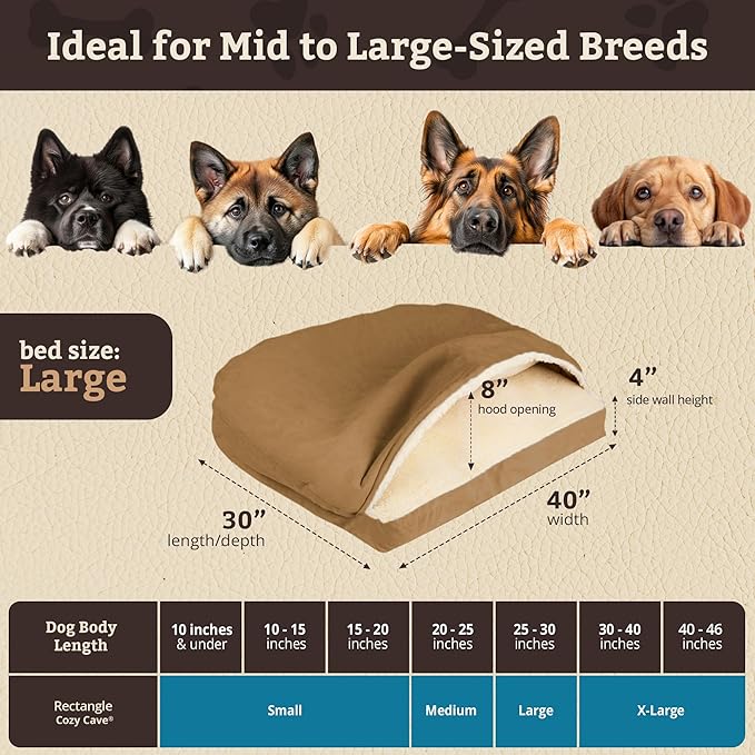 Snoozer Rectangle Cozy Cave Dog Bed - Indoor Dog Bed with Cover Cave, Covered Calming Burrow for Medium & Large Sized Pets with Blanket Attached, Enclosed, Washable Cover - Large, Camel