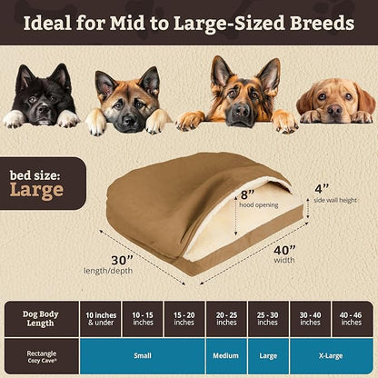 Snoozer Rectangle Cozy Cave Dog Bed - Indoor Dog Bed with Cover Cave, Covered Calming Burrow for Medium & Large Sized Pets with Blanket Attached, Enclosed, Washable Cover - Large, Camel