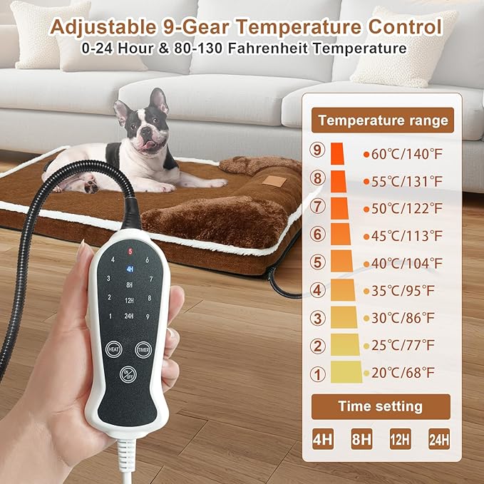 Heated Dog Bed, 30×20 Inch Memory Foam Pet Bed, Orthopedic Dog Bed with Timing Nine Gears Smart Switch for Small and Medium Dogs Soft, Removable Cotton Sleeve