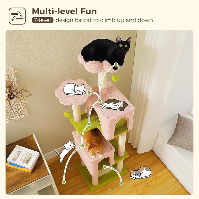 MUTTROS Flower Cat Tree, 62-Inch Large Cat Tower for Multi-Cat Households w/Scratching Posts, Multi-Level Cat Condo w/Cozy Top Perch & Scratching Pad, Padded Platform, 2 Pompoms, Pink