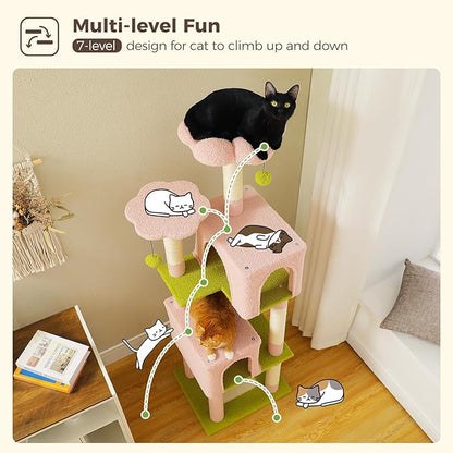 MUTTROS Flower Cat Tree, 62-Inch Large Cat Tower for Multi-Cat Households w/Scratching Posts, Multi-Level Cat Condo w/Cozy Top Perch & Scratching Pad, Padded Platform, 2 Pompoms, Pink