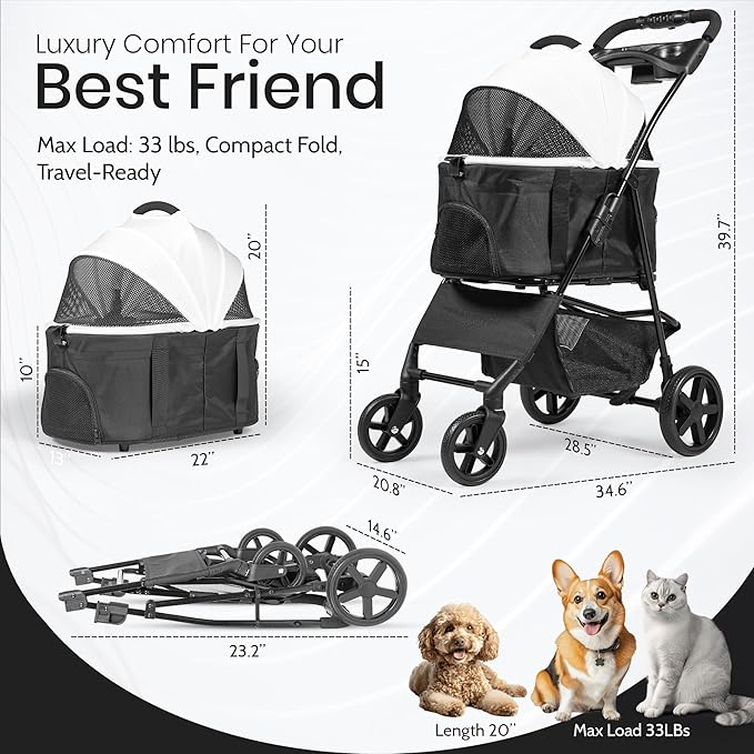 3-in-1 Folding Pet Stroller with Detachable Carrier – Lightweight Foldable Stroller for Cats & Dogs, Dog Carriers & Travel Products Solution with Safety Lock + Storage Basket
