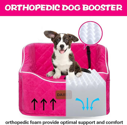 Dog Car Seat for Small Dogs, Memory Foam Dog Booster Seat for Medium Dogs Under 35lbs, Detachable and Washable Elevated Pet Car Seat with Storage Pockets (Rose Red, One Size)