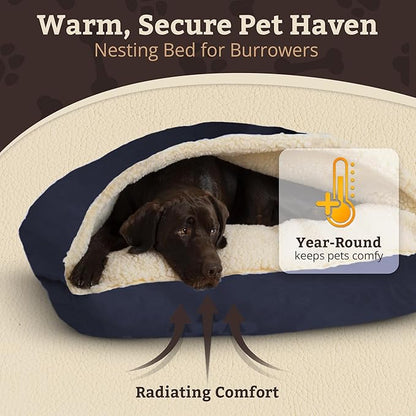 Snoozer Rectangle Cozy Cave Dog Bed - Indoor Dog Bed with Cover Cave, Covered Calming Burrow for Large Sized Pets with Blanket Attached, Enclosed, Washable Cover - XL, Navy