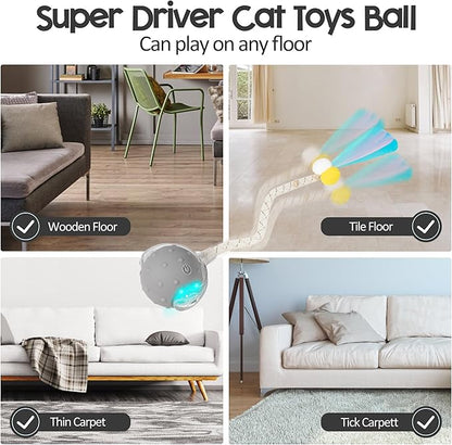Interactive Cat Toys Ball for Indoor Cats, Automatic Moving Ball Toy with Elastic Mesh Tail, Chirping & Obstacle Avoidance and Motion Activated, Grey【Rechargeable】