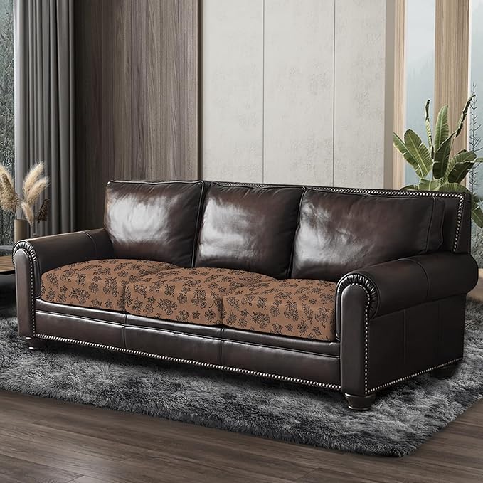 ANARACHON Leather Look Couch Cushion Covers Sofa Seat Slipcovers Sets Couches Furniture Protector for Sectional Armchair Loveseat Pets Kids Stretch Spandex Fabric (3 Cushion Sofa, Brown 01Flower)