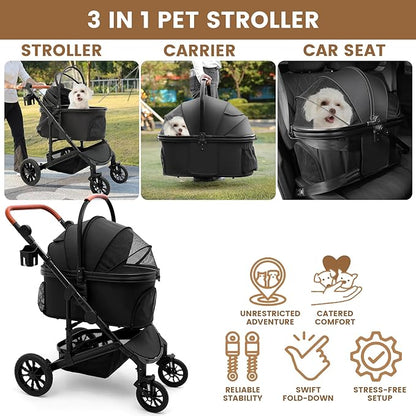 Bicystar Pet Stroller for Medium Dogs, Smooth-Ride Dog Stroller with Detachable Carrier, Rubber Wheels, Car Seat Combo 3-in-1, Up to 50 lbs, for Senior Dogs & Cats, Black