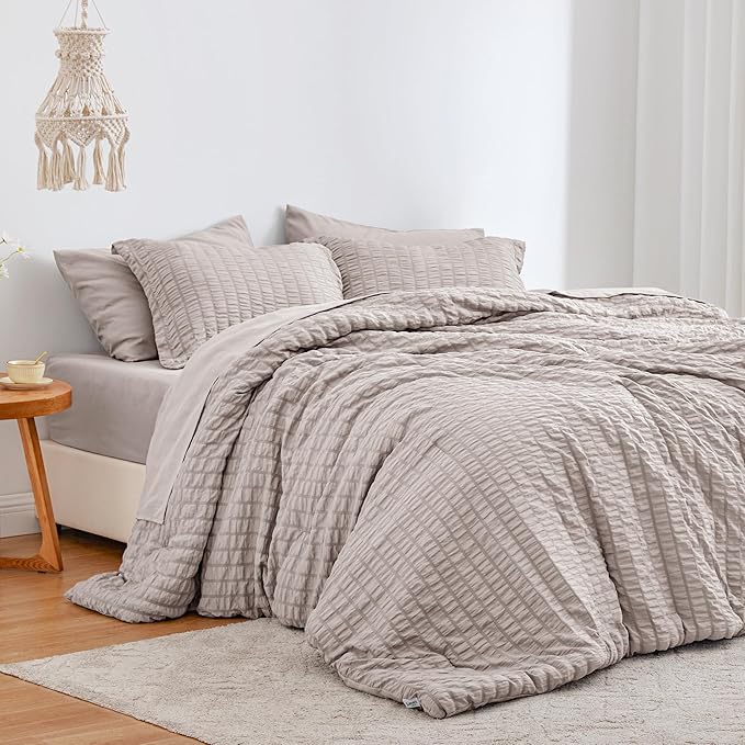 Love's cabin Seersucker Burlwood King Size Comforter Set, 7-Piece All Season Lightweight Bed in a Bag Bedding Set with Comforter, Flat Sheet, Fitted Sheet, Pillowcases and Shams | Soft, Breathable, Lightweight