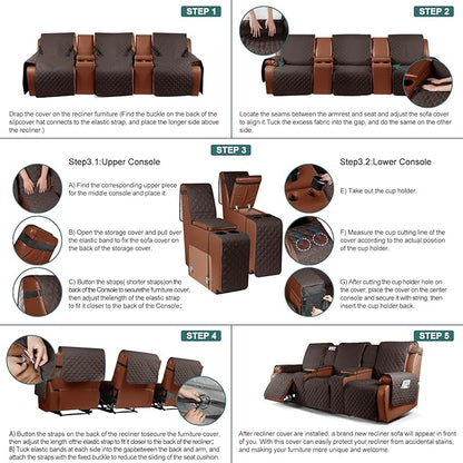 Ruaozz Waterproof Recliner Sofa Cover with Console Non-Slip Couch Covers for Reclining Couches Pet Cover for Double Recliner Sofa Cover with Elastic Straps for Kid Dogs Pets (Chocolate, 3 Seater)