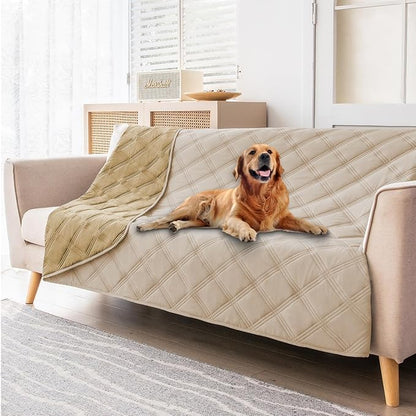 fuguitex Waterproof Dog Blanket Reversible for Small Dogs Resistant Leakproof Washable Couch Cushion Bed Protector Cover for Indoor Furniture Pet Friendly（82"*102",Beige+Taupe