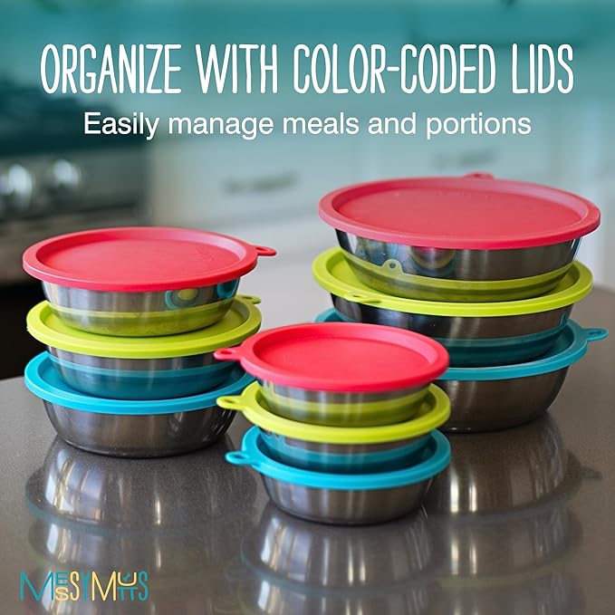 Messy Mutts 6-Piece Set | Three Stainless Steel Bowls and Three Colorful Silicone Lids | Sealable Travel Containers | Portable Food/Water Dishes for Pets | Extra-Large, 6 Cups
