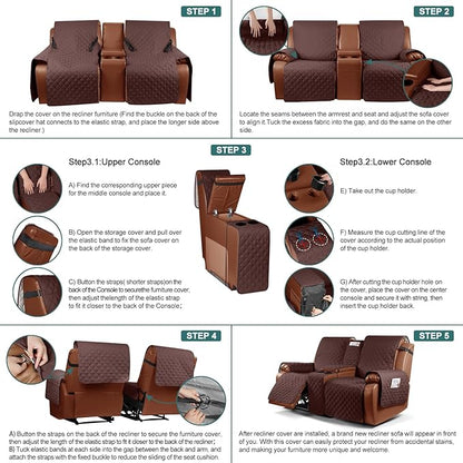 Ruaozz Waterproof Loveseat Recliner Cover with Console Non-Slip Reclining Couch Covers Split Sofa Slipcovers with Elastic Straps Furniture Protector for Kids, Dogs, Pets (Coffee, 2 Seater)