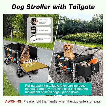 Dog Stroller for Large & Medium Dogs up to 220lbs with Tailgate, Mat, Multiple Pockets, Cup Holder, Storage Baskets, All-Terrain Foldable Large Pet Dog Wagon for Road Trips, Vet Visits, or Park Day