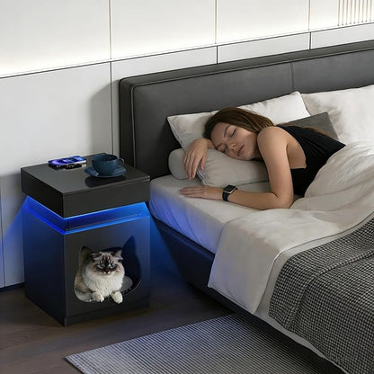 Night Stand with Charging Station, Wooden Bedside Table with LED Lights, Dark Grey Nightstand with Sliding Drawer, Modern End Table with Storage Space for Bedroom, Office, Courtyard