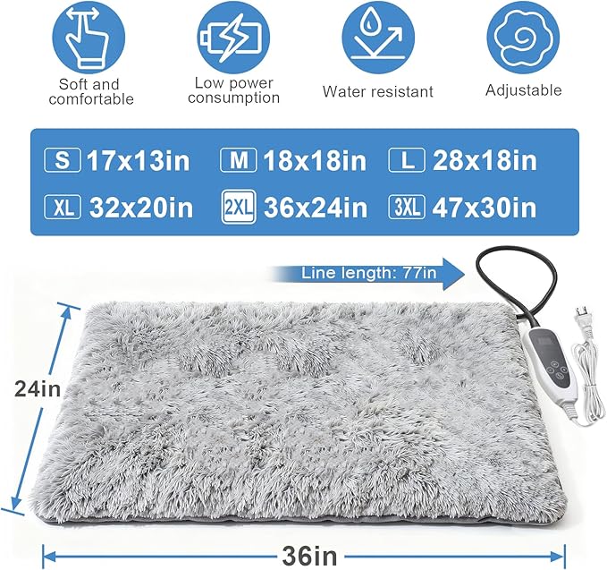 GOLOPET Large Dog Heating Pad 36x24 in with Smart Thermostat Switch and Power Line Protection Tube,Obtained MET and UL Dual Certification,Waterproof Pet Heating Pad with Long Velvet Cloth Cover