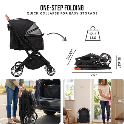 Bicystar Pet Stroller for Small Medium Dogs Cats Up to 45 lbs, Travel Lite Collapsible, All Terrain 4 Wheels for Jogging, Running, Grey