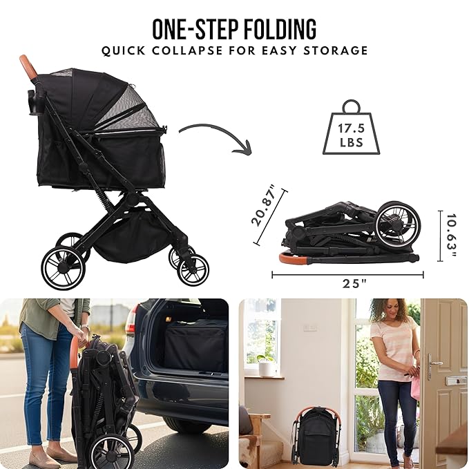 Bicystar Pet Stroller for Small Medium Dogs Cats Up to 45 lbs, Travel Lite Collapsible, All Terrain 4 Wheels for Jogging, Running, Black
