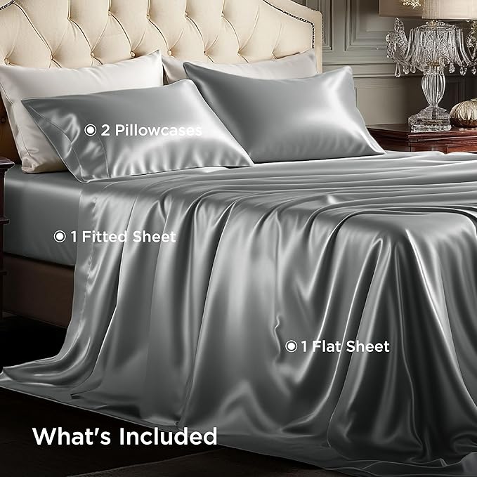 Bedsure Satin Sheets King Size - 4 Piece Silky Bedsheets with Elastic Corner Straps and 15 Inches Deep Pocket Fitted Bedsheet,1 Flat Sheet, 2 Satin Pillowcases, Good for Hair & Skin (King, Dark Grey)