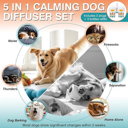 Dog Calming Pheromones Diffuser to Calm Pet 5 In 1 Advanced Kit Appeasing Pheromone Diffuser for Anxiety Relief (2 Plug in+3 Pack 48ml Refill) Reduce Aggression Fighting Barking Stress (Tasteless)