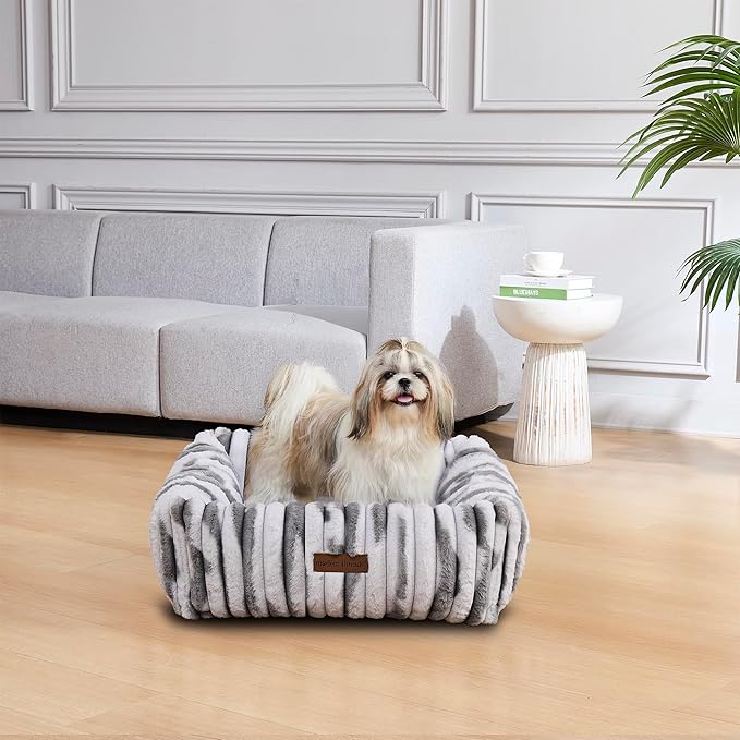Modern Threads Ribbed Plush Two-Tone Cuddler Dog Bed, Ultra-Soft Faux Rabbit Fur, Supportive Bolstered Sides, Removable Washable Cover, Bed for Small to Medium Dogs, Silver, (24" L x 20" W x 8" Th)