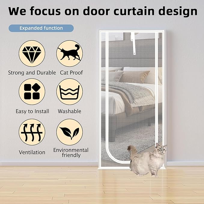 Reinforced Cat Screen Door,Fits Door Opening Size 38''x 82'',Thickened Cat Resistant Mesh Screen Door for Living Room,Kitchen,Bedroom,Cat Proof Screen with Zipper Closure. (U-Type,White)