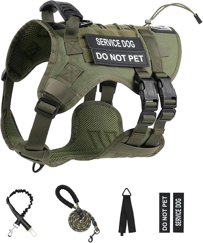 No Pull Tactical Dog Harness for Large Dogs, Escape Proof Molle Dog Vest Harness and Leash Set, Adjustable Military Service Dog Harness with Handle for Medium Large Dogs(Green, M)