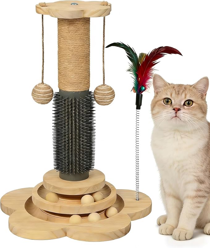 Wooden Cat Scratching Post with Brush, 4 in 1 Cat Scratcher Kitten Toys for Indoor Cats, 17.7" Tall Sisal Post with Two-Laye Wooden Ball Track, Ideal for Small Medium Cat