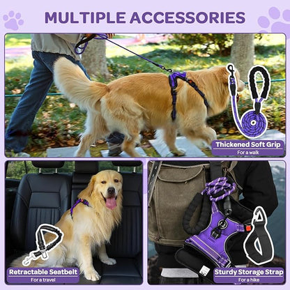 FURRYFECTION Plaid Dog Harness for Medium Dogs, Reflective No Pull Adjustable Pet Vest with Front Clip, Leash, Easy Control Handle and Seat Belt, Purple, M