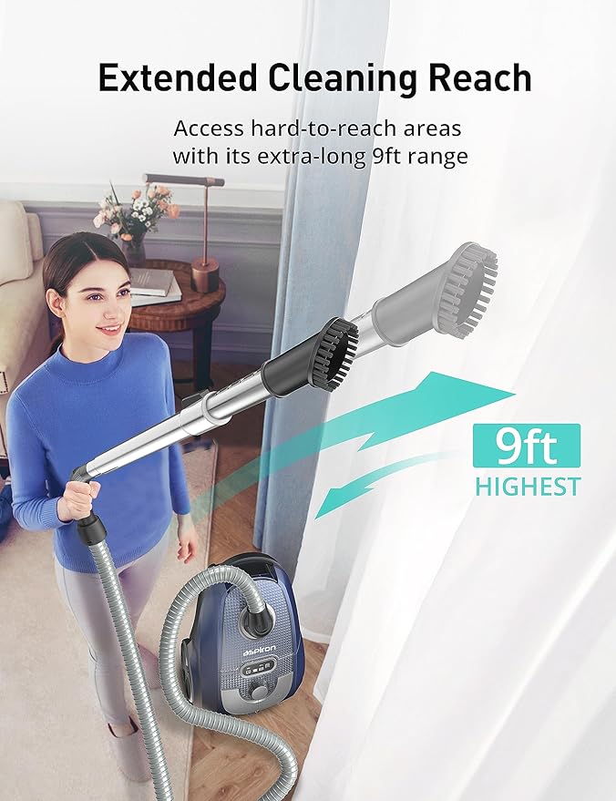 Aspiron Canister Vacuum, 1600W/40KPA Canister Bagged Vacuum, 4QT Dust Bag, H13 HEPA Filter, 5 Tools, Pet-Friendly,Variable Power Control,for Carpets, Hardwood Floors, Stairs, Pet Hair, Household