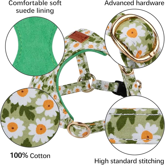 CHEDE No Pull Floral Pattern Dog Harness- Lightweight and Soft Harness, Adjustable Small Dog Harness and Leash Set, with Dog Leash, Suitable for Puppy Small and Medium-Sized Dog (S, Green Daisy)