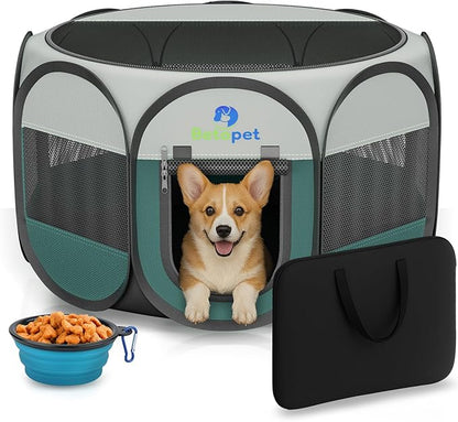 Playpen for Small Dogs Cats Crate: Puppy Play Pen Indoor Outdoor Foldable Potable Exercise Cage Pop up Kennel for Guinea Pig Rabbits Hamster Travel with Carrying Case & Food Bowl (Green, L, 1)