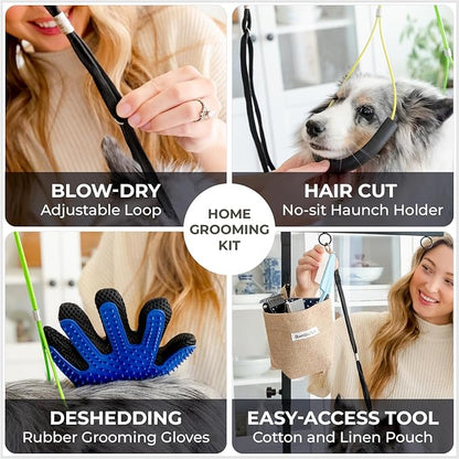 Adjustable Dog Grooming Arm with Clamp, Small Dog Sling for Nail Trimming Hammock, No-Sit Haunch Holder Leash Loops, De-Shedding Glove, Tool Hanging Hooks, Table Clamps - Full Pet Grooming Kit