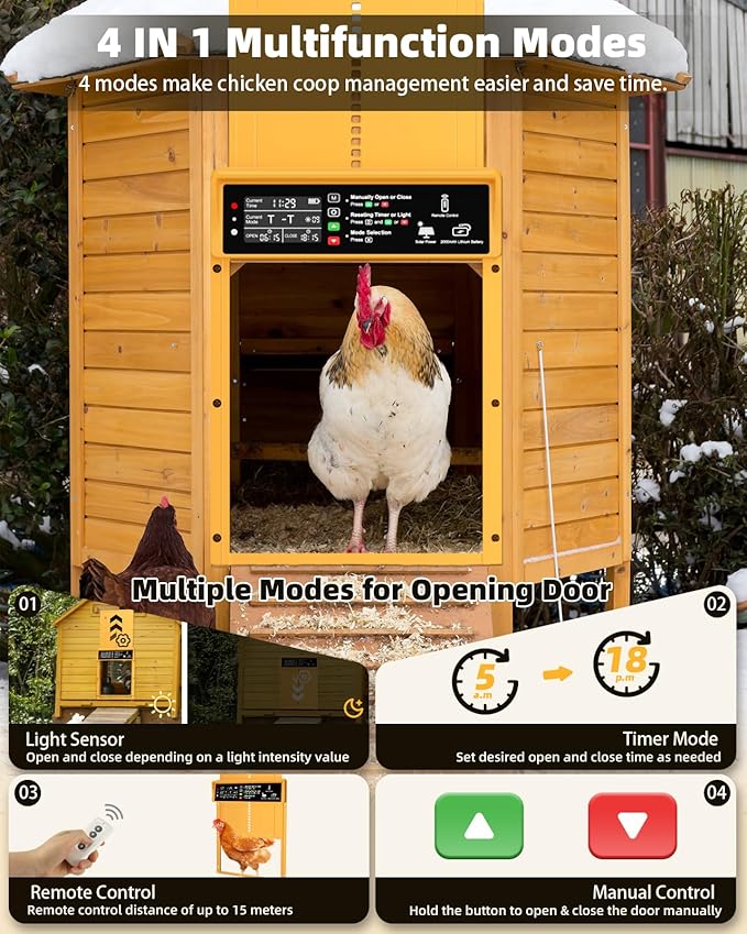 Automatic Chicken Coop Door Solar Powered, Pet Deluxe Chicken Door with Programmable Timer & Light Sensor, Anti-Pinch Safety, 7W Solar Panel, Aluminum Alloy with 10 Wire Clips Solar Chicken Door-Gold