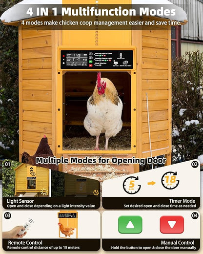 Automatic Chicken Coop Door Solar Powered, Pet Deluxe Chicken Door with Programmable Timer & Light Sensor, Anti-Pinch Safety, 7W Solar Panel, Aluminum Alloy with 10 Wire Clips Solar Chicken Door-Gold