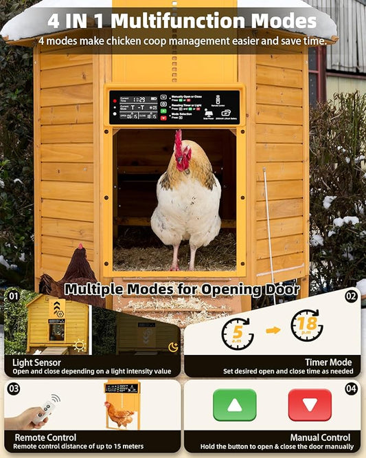 Automatic Chicken Coop Door Solar Powered, Pet Deluxe Chicken Door with Programmable Timer & Light Sensor, Anti-Pinch Safety, 7W Solar Panel, Aluminum Alloy with 10 Wire Clips Solar Chicken Door-Gold