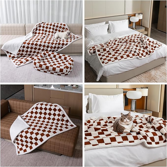 Waterproof Pet Blanket, Brown Checked Pets Throw Blankets for Dog Bed Covers Couch Sofa Stylish Jacquard for Puppy Cats Washable Reversible Furniture Protection Covers (Coffee Check,M)