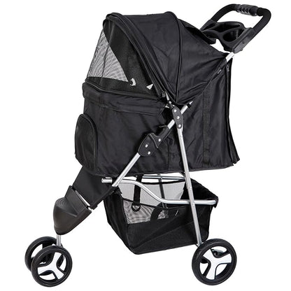 3 Wheels Dog Stroller, Pet Strolling Cart with Skylight Storage Basket Cup Holder Storage Tray, Animal Carrier for Medium Small Dogs and Cats, Easy Walk