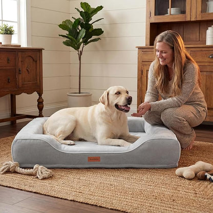 XL Orthopedic Dog Bed for Large Dogs Cooling Gel Memory Foam & Egg Crate Foam,Waterproof Removable Washable Cover with Bolster Sides,42.0"X30.0"X9.0" Grey