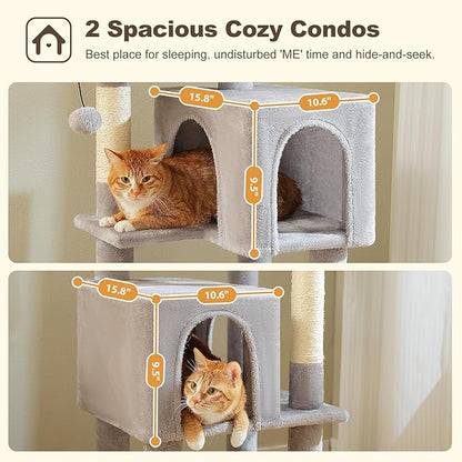 MUTTROS 62-Inch Cat Tree for Indoor Cats, Large Cat Tower with Scratching Posts for Large Cats, 2 Bigger Plush Condos, Padded Platform, Soft Cat Bed and Scratching Pad, 2 Pompoms, Gray